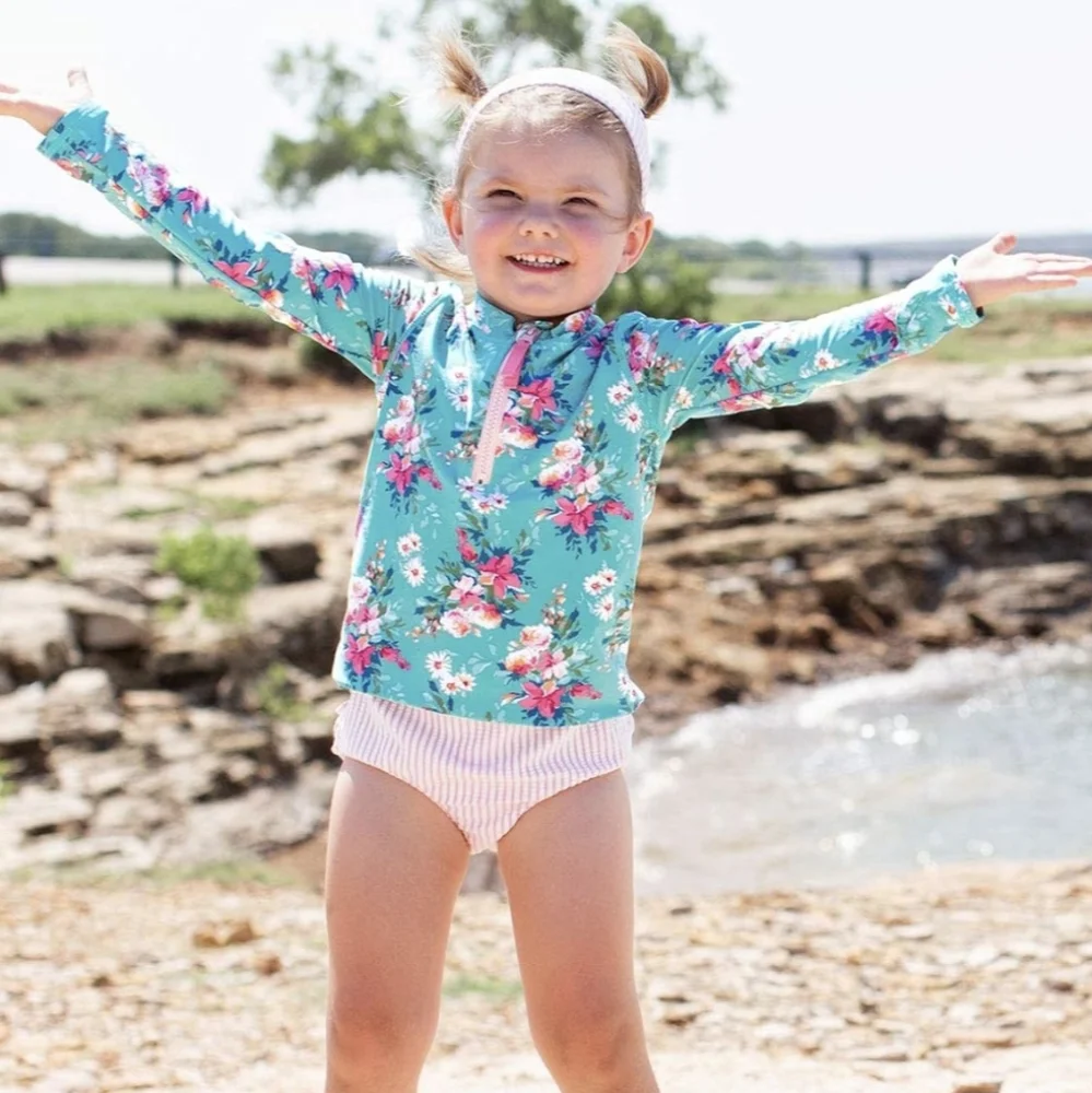 LIKE NEW Ruffle Butts Infant Long Sleeve Zipper Rash Guard in Fancy Me Floral